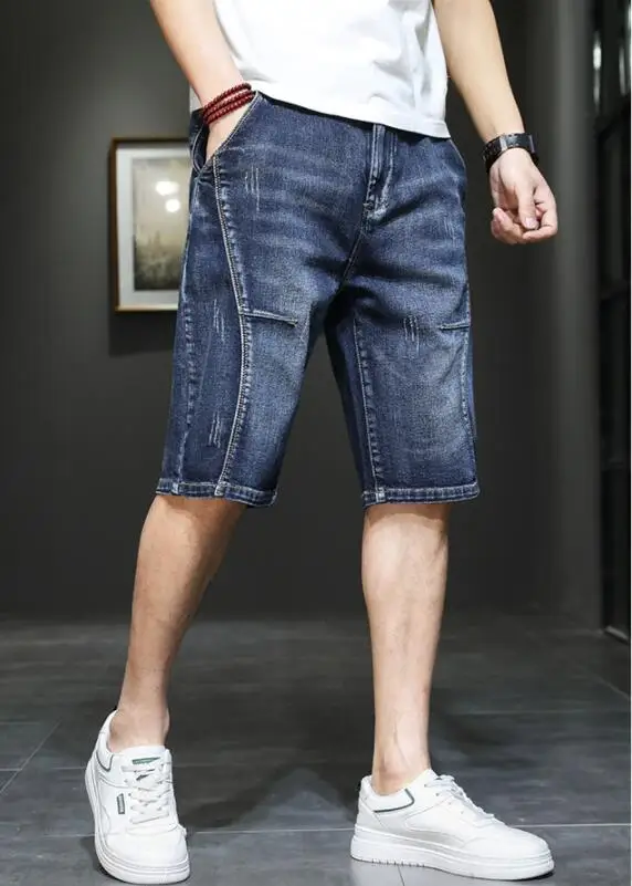 Jean Shorts For Men Denim Ripped Vintage Stretch Elastic High Waisted Mens Distressed Half Jeans