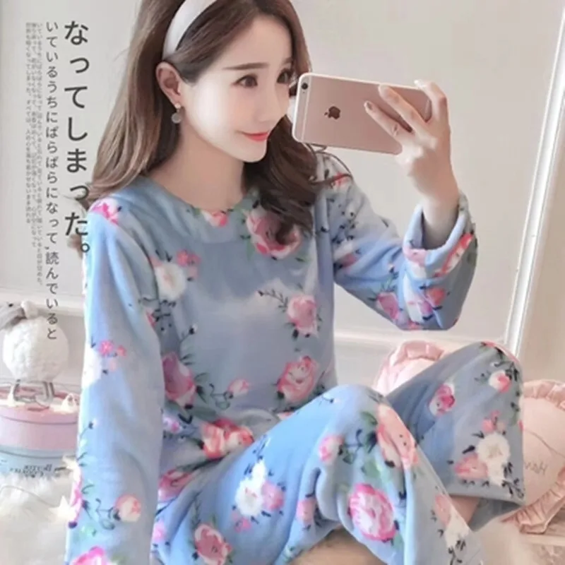 Пижамы для женщин фланелевая одежда сна Женский Зимний милый пижамный комплект