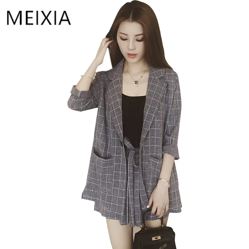 

MEIXIA Spring summer Women two piece set Casual tops + shorts plus size plaid Top Female Office Suit Set Women's 2 Piece Set