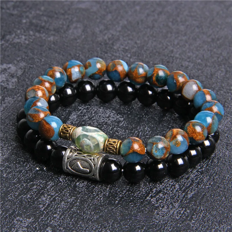 2 пары браслетов мужской модный старинный Dzi Агаты браслет для женщин синий