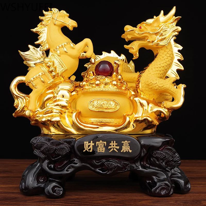 

Украшения из смолы в китайском стиле фэншуй с золотым Драконом и лошадью, украшение для дома, гостиной, винного шкафа, открытое украшение дл...