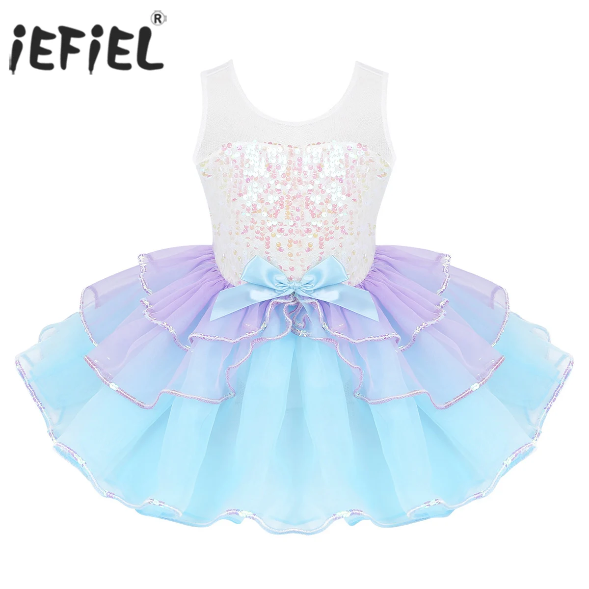 

iEFiEL Kids Girls Ballerina Dancewear Shiny Sequins Mesh Splice Bowknot on Waist Ballet Dance Gymnastics Leotard Tutu Dress