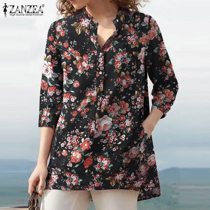 

ZANZEA Spring Women Vintage Printed Loose Shirt Casual V Neck 3/4 Sleeve Floral Blouse Bohemian Female Tunic Tops Work Blusas