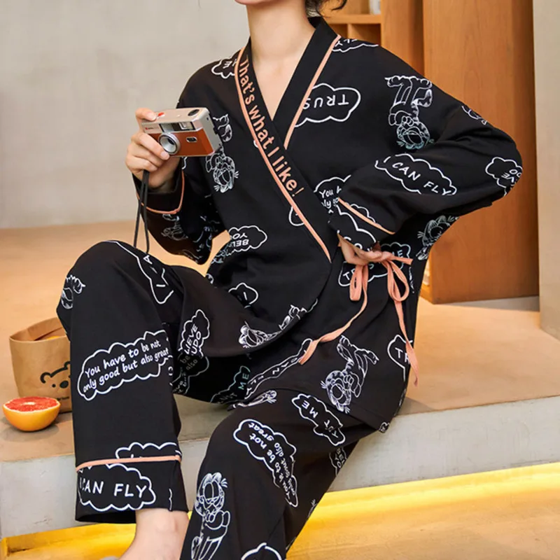 

Кимоно Nanjiren, пижама, Женский весенне-осенний кардиган с длинным рукавом в японском стиле, хлопковая Домашняя одежда, комплект из двух предме...