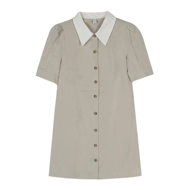 

Contrasting Color Lapel Woman's Dress 2021 Puff Sleeve Loose Dress Women Simple Single-Breasted Harajuku Dresses