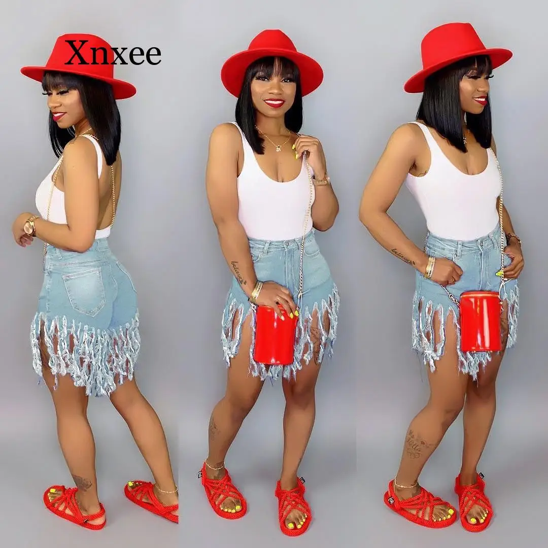 Camo  Tassel Denim Shorts Women Elastic High Waist Rave Short Jeans Summer Streetwear Neon Casual Biker Shorts