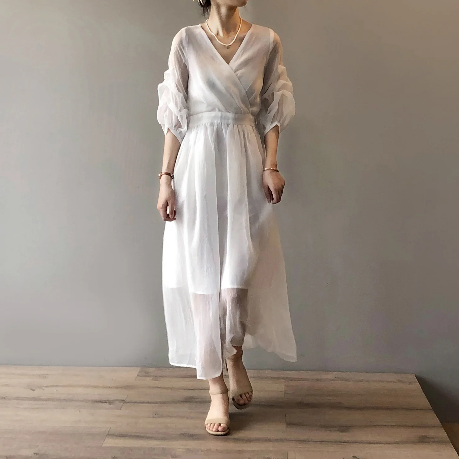 

Mesh Half Sleeve V-neck Maxi Dress Women's 2021 Summer New French Sweet Pile Sleeve Waist Dress