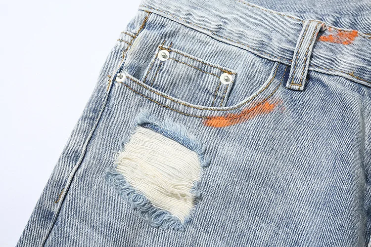 

PYJTRL New Yellow Light Blue Hole Embroidery Fashion Casual Jeans Pants Men