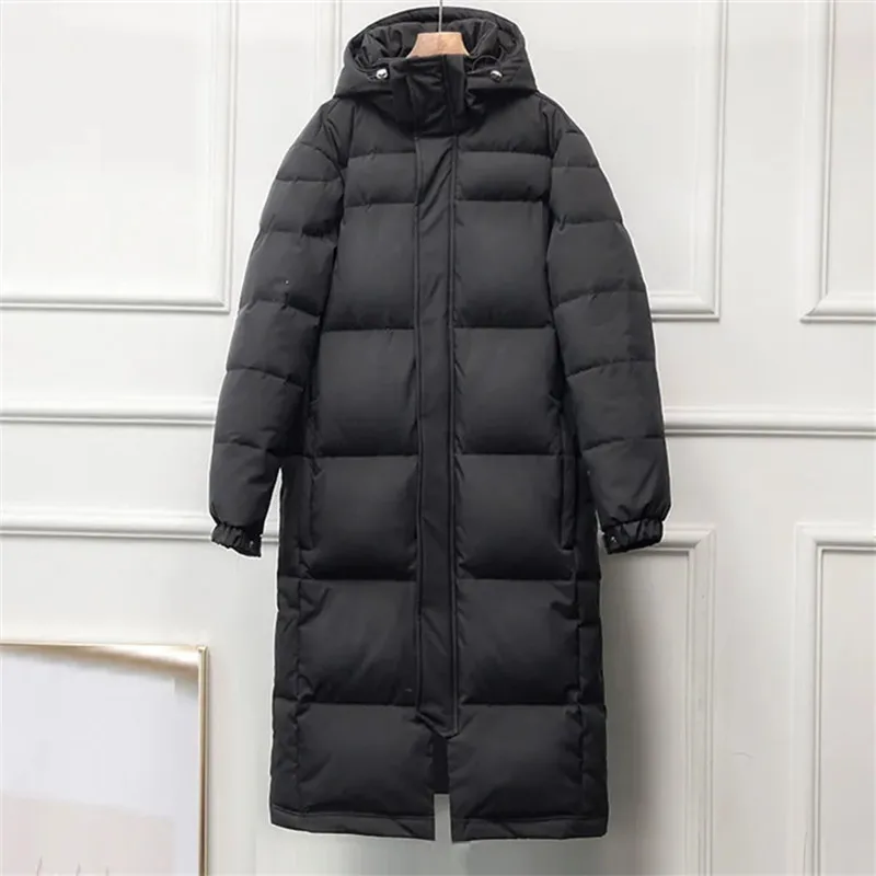 Winter Parka Coat Thickened Woman New Solid Color Hooded Zipper Pocket Over The Knee Long Cotton Clothing Warm Simple Commuter