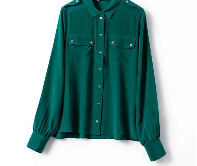 100% шелк мягкая женская OL Блузка с длинным рукавом белая зеленая рубашка