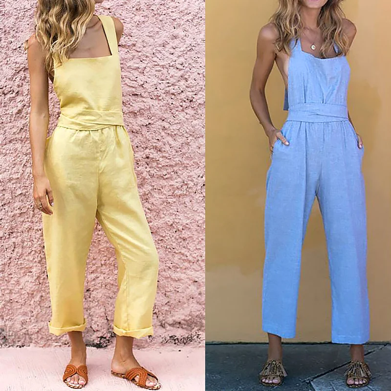 

Women Summer Backless Straight Overalls Neck Bandage Jumpsuit Rompers Loose Casual Denim Womens Jumpsuits Wide Leg
