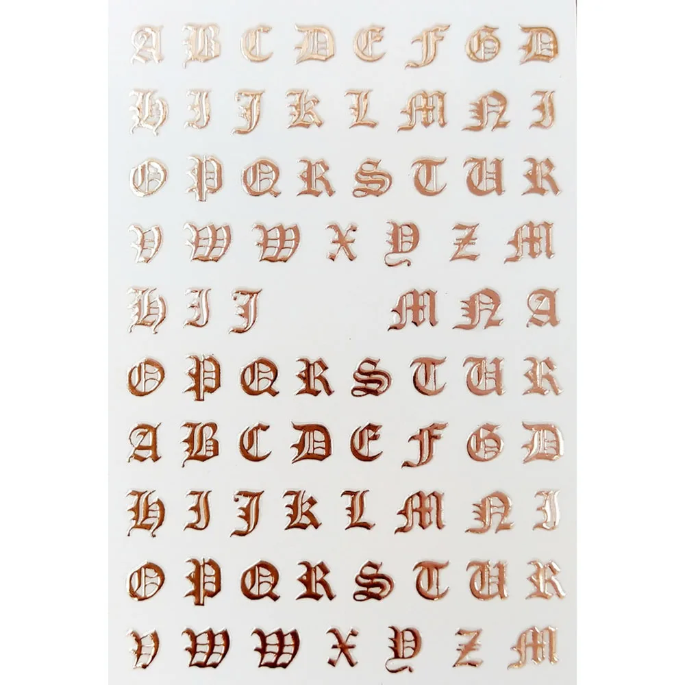 5 Sheets/Set Holographic Rose Gold Silver Laser Retro English Letter 3D Nail Art Sticker Black Text Tag Adhesive Decals TY5 |
