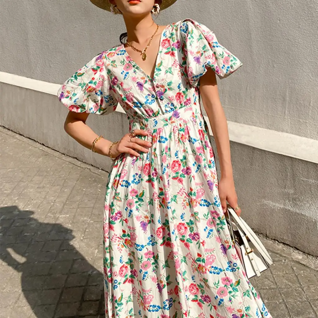 

Jastie 2021 Summer New Floral Print Dress V-neck French Puff Sleeve Midi Dresses Women Boho Casual Beach Party Vestidos