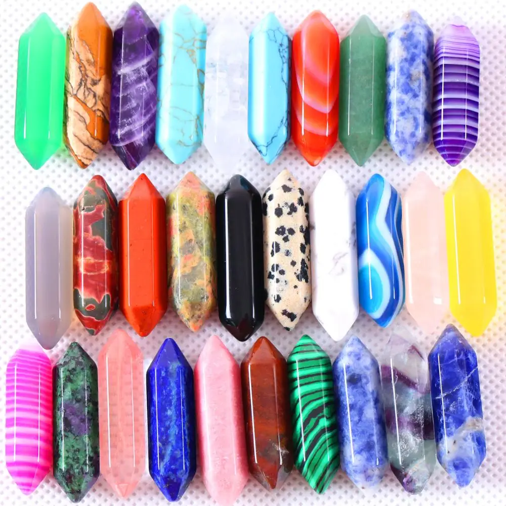

8x32MM Natural Multi color Stones Hexagonal Healing Pointed Reiki Chakra No Drilling Hole Beads Fit Pendant Jewelry 5Pcs K372