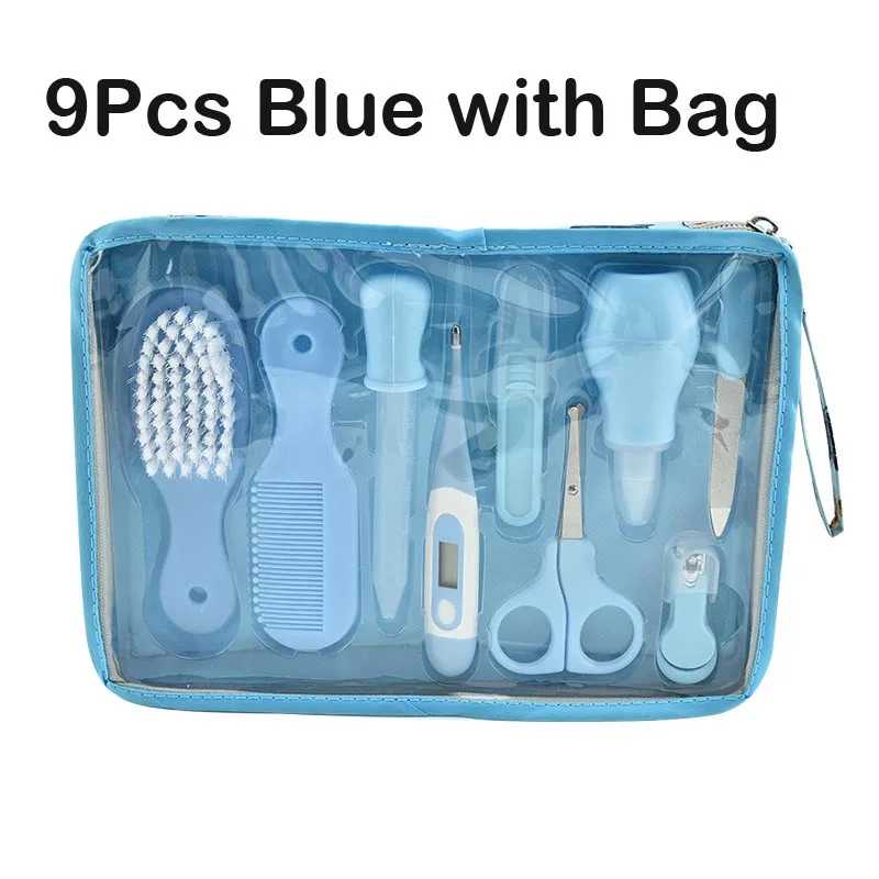 9Pcs Blue with Bag Многофункциональный Детский набор, детский медицинский набор для ухода за ребенком, набор для ухода за ребенком, термометр, клипер, ножницы, детские туалетные принадлежности для малышей - Цвет: 9Pcs Blue with Bag