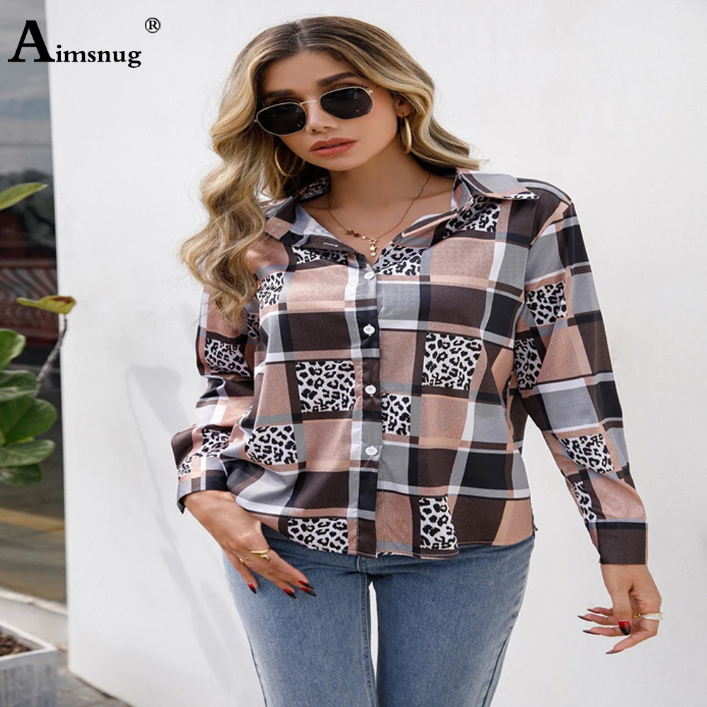 

Женская Весенняя Модная рубашка в клетку с леопардовым принтом, блузы 2022, однобортные топы, блузка, Женская Повседневная рубашка с длинным р...