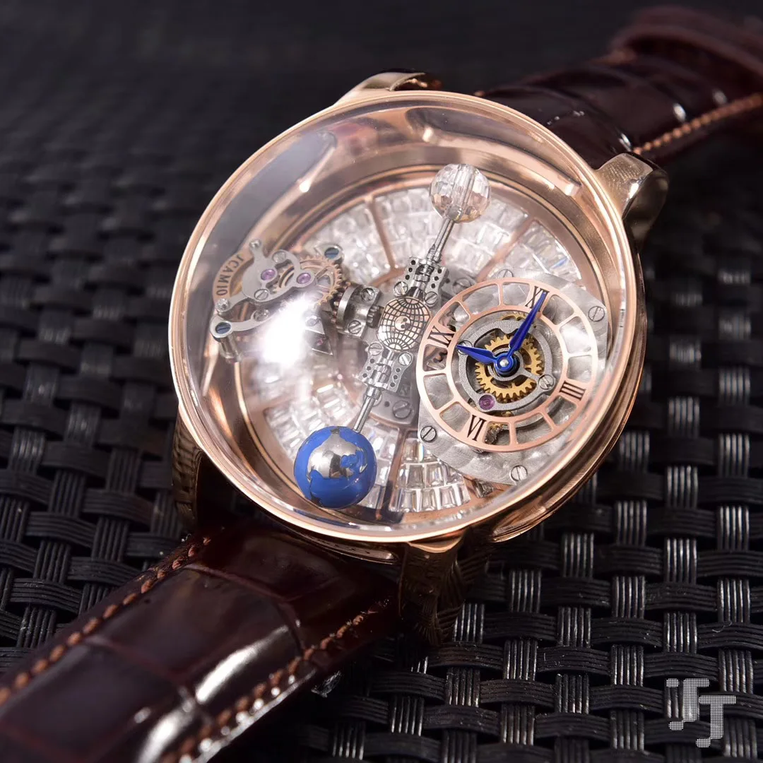 

Luxury Brand New Japanese Quartz Men Watches Rose Gold Runway European Designer Brown Leather Tourbillion White Diamond Sapphire