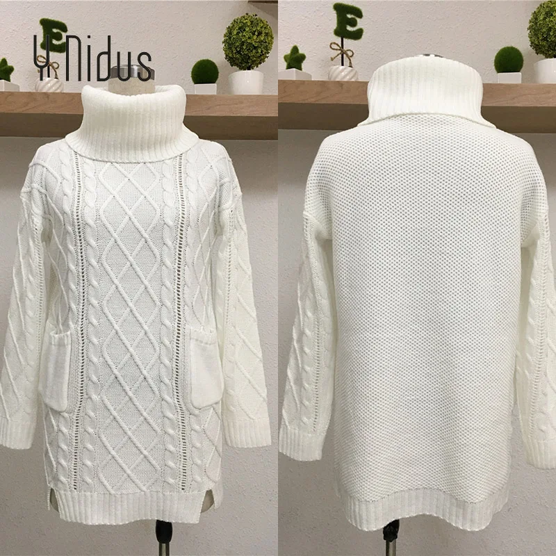 Women Pullover Winter White Sweater Dress Female Turtleneck Argyle Weave Full Sleeve Loose With Pocket Knit Long Jumper | Водолазки