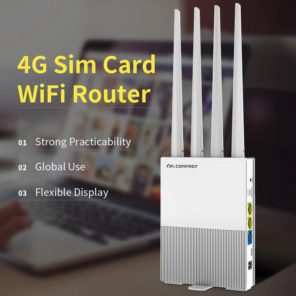 

WiFi Router COMFAST E3 4G LTE 2.4GHz WiFi Router 4 Antennas SIM Card WAN LAN Wireless Coverage Network Extender US Plug NEW 2021