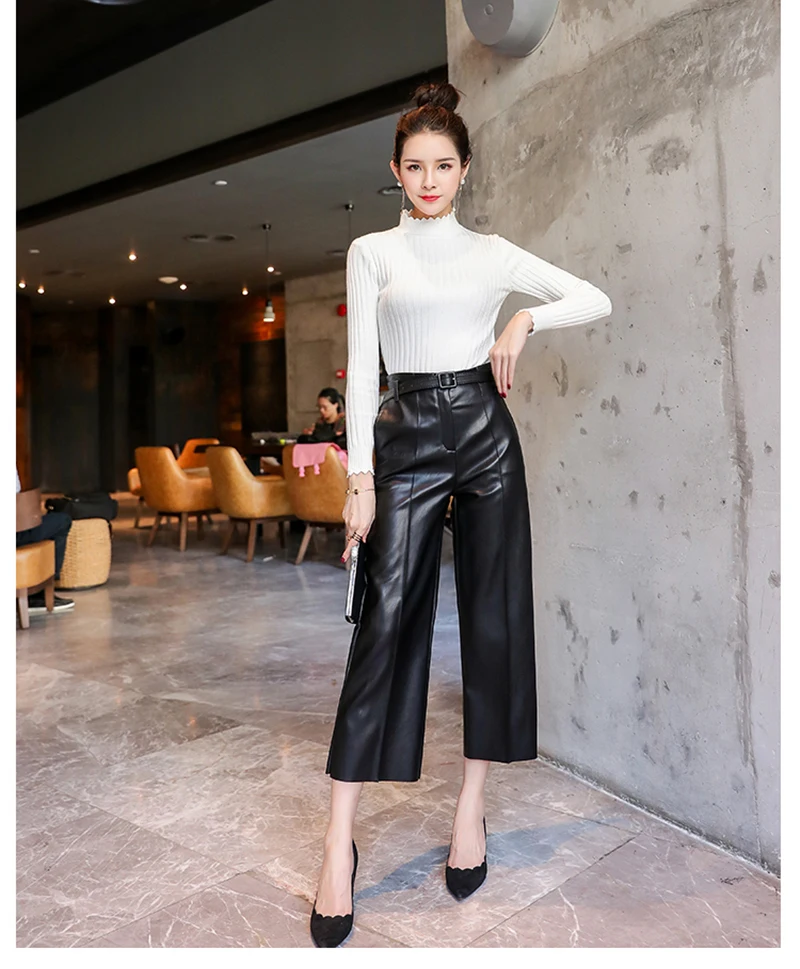 BGTEEVER Black Pu Leather Pants Women High Waist Belted Faux Leather Trousers Female Wide Leg Pants pantalon femme