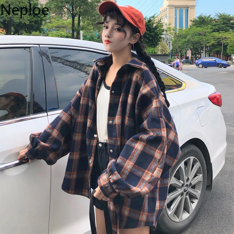 Женская блузка с рукавами фонариками свободная повседневная рубашка в клетку