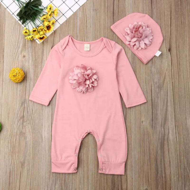 0-18M Baby Flower One-piece Romper Newborn Kid Girl 3D Flowers Long Sleeve Jumpsuit Hat Clothes | Мать и ребенок