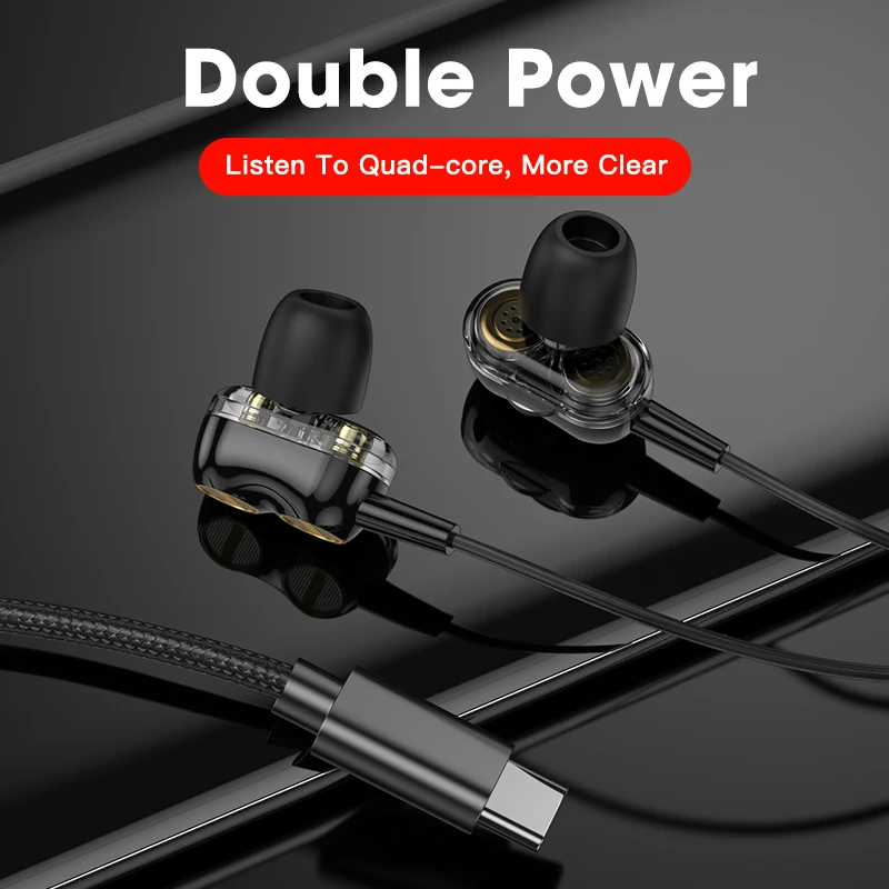 Проводные наушники Typc C четырехъядерные USB вкладыши с двойным драйвером телефона