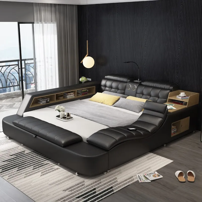 

Genuine leather bed frame Soft Beds massager storage safe speaker LED light Bedroom cama iphone recharging bluetooth safe USB