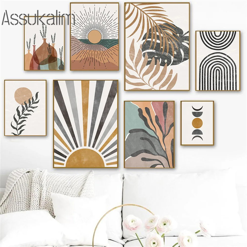 

Abstract Poster Sun Moon Canvas Painting Plant Leaves Art Print Monstera Prints Nordic Wall Pictures Living Room Boho Wall Decor
