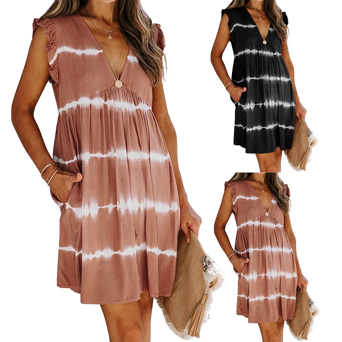 

2021 cross border European and American new wave women's striped skirt with deep V-neck ruffle and loose large size dress
