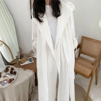spring new womens hoodie lapel hair loose long solid color hoodie trench sleeves with two ribbon design