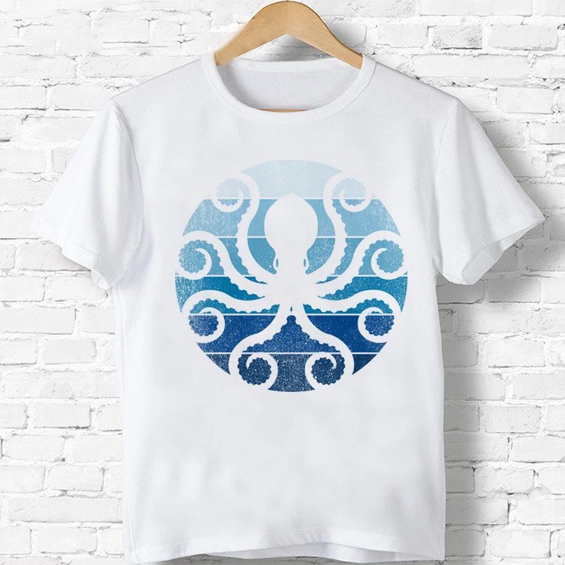 

Забавные детские футболки с рисунком осьминога в океане Харадзюку, летние топы с коротким рукавом, одежда для мальчиков и девочек