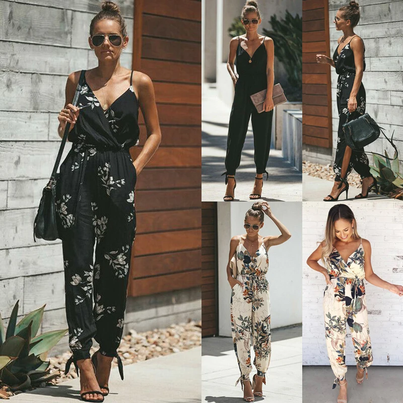 

Kayotuas Women Jumpsuit Floral Print Baggy Trouser Overalls Print Romper Off-the-Shoulder V-Neck Bodycon Skinny Clubwear Leotard