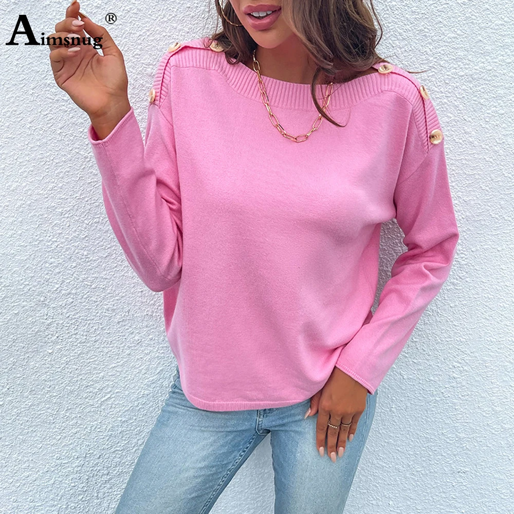 

Aimsnug Women's Sweaters Autumn O Neck Loose Casual Pullovers European Style 2021 Female Patchwork Buttons knitting Pullovers