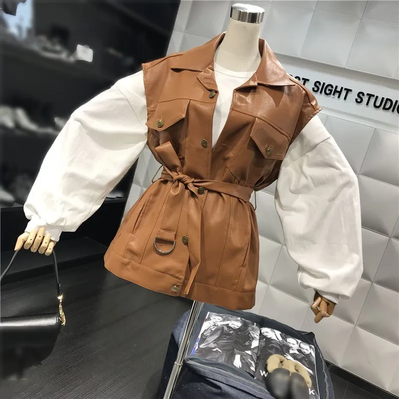 Женский Байкерский жилет черный из искусственной кожи на кнопках без рукавов