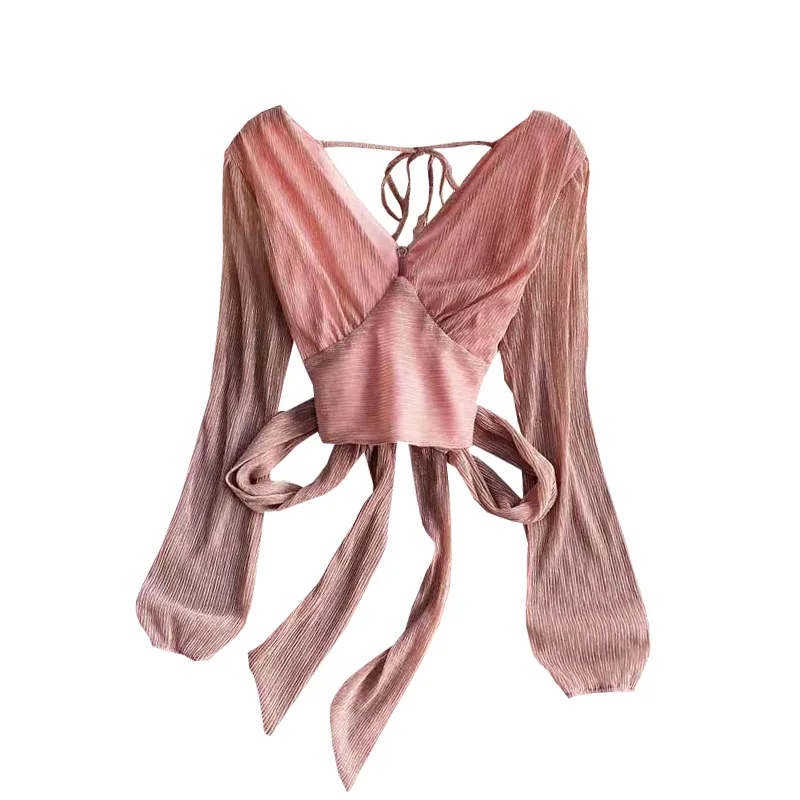 

of temperament deep v-neck hubble-bubble sleeve joker brief paragraph bow with bright silk shirt fashion waist coat