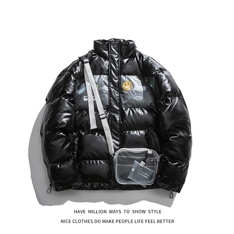

2021 New Collection Thick and Warm Smile Face Pocket Wallet Bag Women Oversize Bread Jacket Unisex Men Bomber Coat High Street
