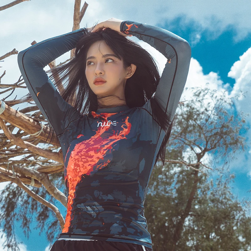 Nu-June Women's Long Sleeve Rashguard Print Quick-drying Shirt Surfing Swimsuit Top Hiking Rash Guard UV Protection T-shirt | Спорт и