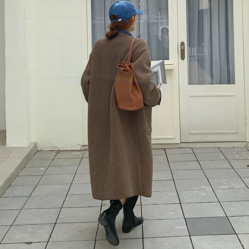 

Women Winter Loose Long Lamb Wool Coat Jacket Beige Parkas Single Breasted Overcoat Round Collar Outerwear Pockets