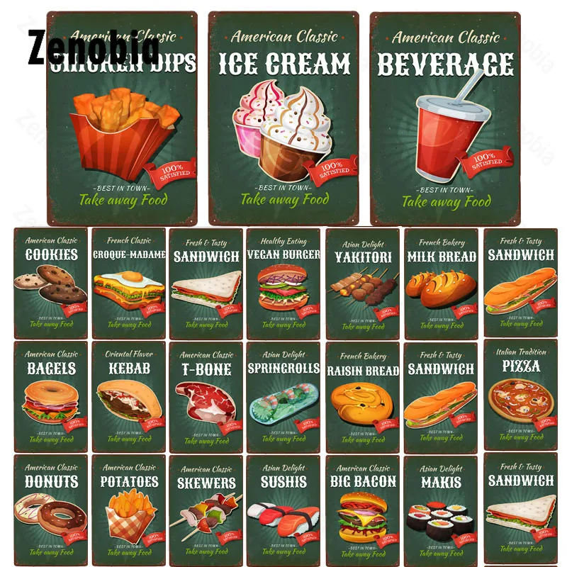 

Металлические винтажные настенные наклейки для десертного мороженого, быстрого питания, барбекю, гамбургеров, пиццы