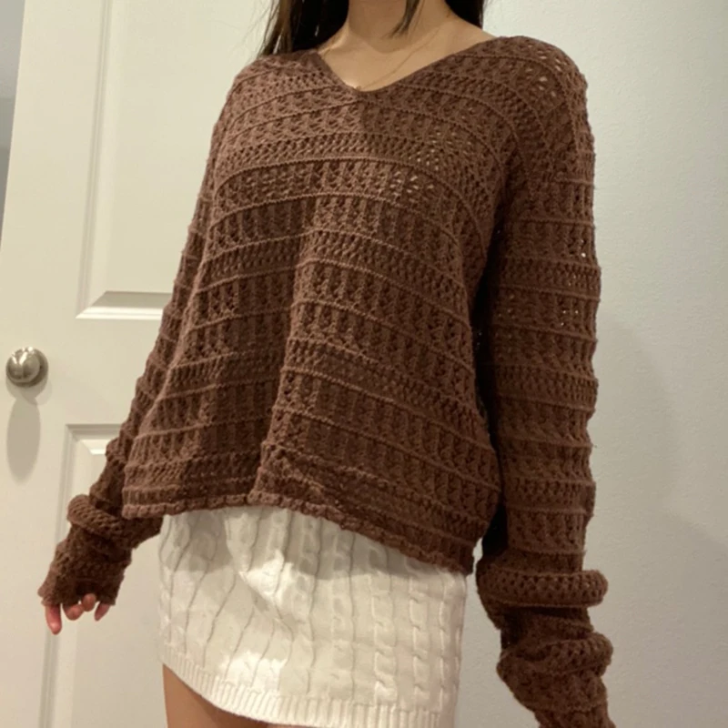 

Chic Women Aesthetic Jumpers Autumn Casual Loose Knitted Sweater Vintage Brown O Neck Long Sleeve Pullovers Korean Outfits
