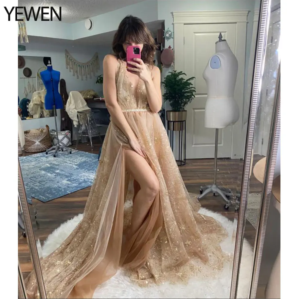 

Champagne Sparkle Sequin V Neck Formal Dress Long Woman Side Slit Maternity Dress for Photo Shoots YEWEN