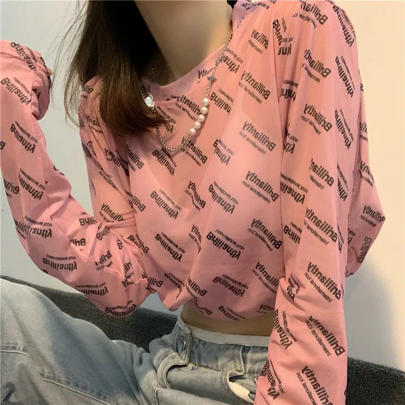 Футболка прозрачная полупрозрачная с длинным рукавом и надписью Karrram