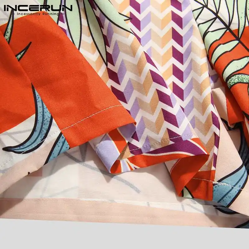 

2021 Summer Printed Jumpsuit INCERUN Men Short Sleeve Button Shirt Drawstring Short Rompers Man Hwaiian Beach Loose Overalls 5XL