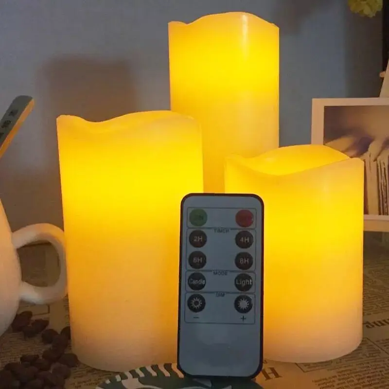 

set of 3 Wavy edge Flameless Flickering LED Pillar Candle Remote controlled w/timer Paraffin Wedding Home Bar table Decor-AMBER