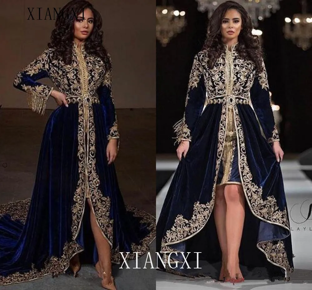

bleu marine dentelle perlée arabe Caftans robes de soirée 2020 col haut velours robes de bal manches longues robes de soir