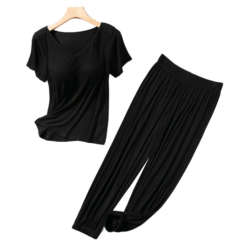 Spring Autumn New Women's Pajamas Sets Modal V-neck Short Sleeve Full Length with Bra 2Pcs Nightwear Loose Home Wear Sleepwear