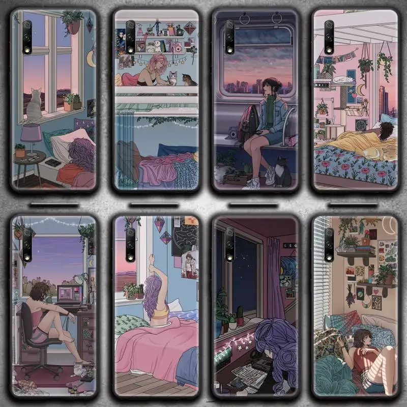 

Japanese style Art Aesthetic Girl Cat Phone Case For Huawei Nova 6se 7 7pro 7se honor 7A 8A 7C 9C Play