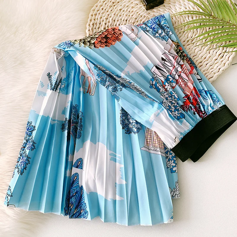

2021 European Summer A-line Long Skirt Elastic High Waist Slim Retro Umbrella Skirt New Casual Women Pleated Skirt Free Shipping
