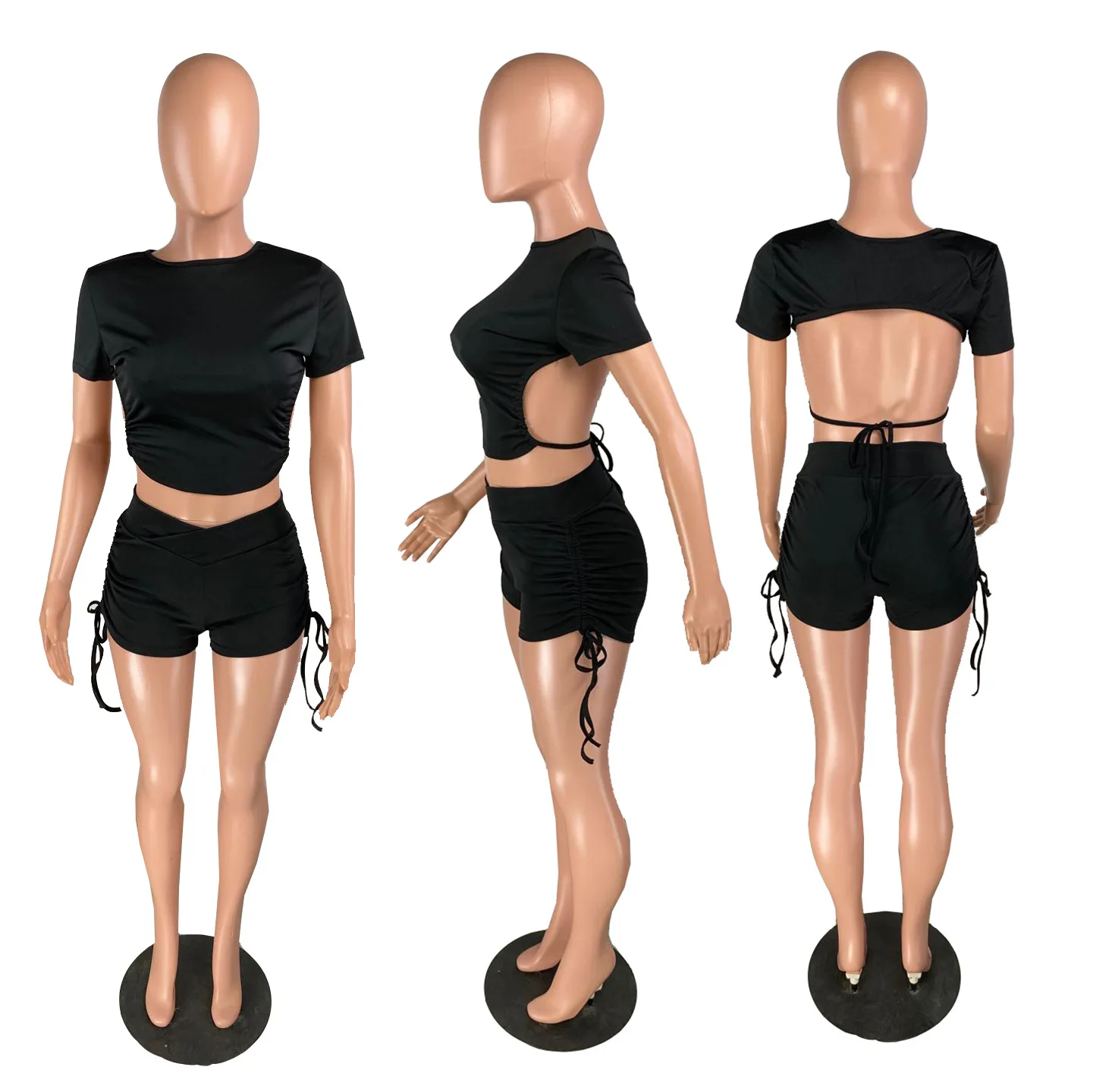 

Women Summer Solid Open Back Crop Top Stacked Shorts Jogger pants Suit Two Piece Set Sport Matching Set Outfit Fitness Tracksuit